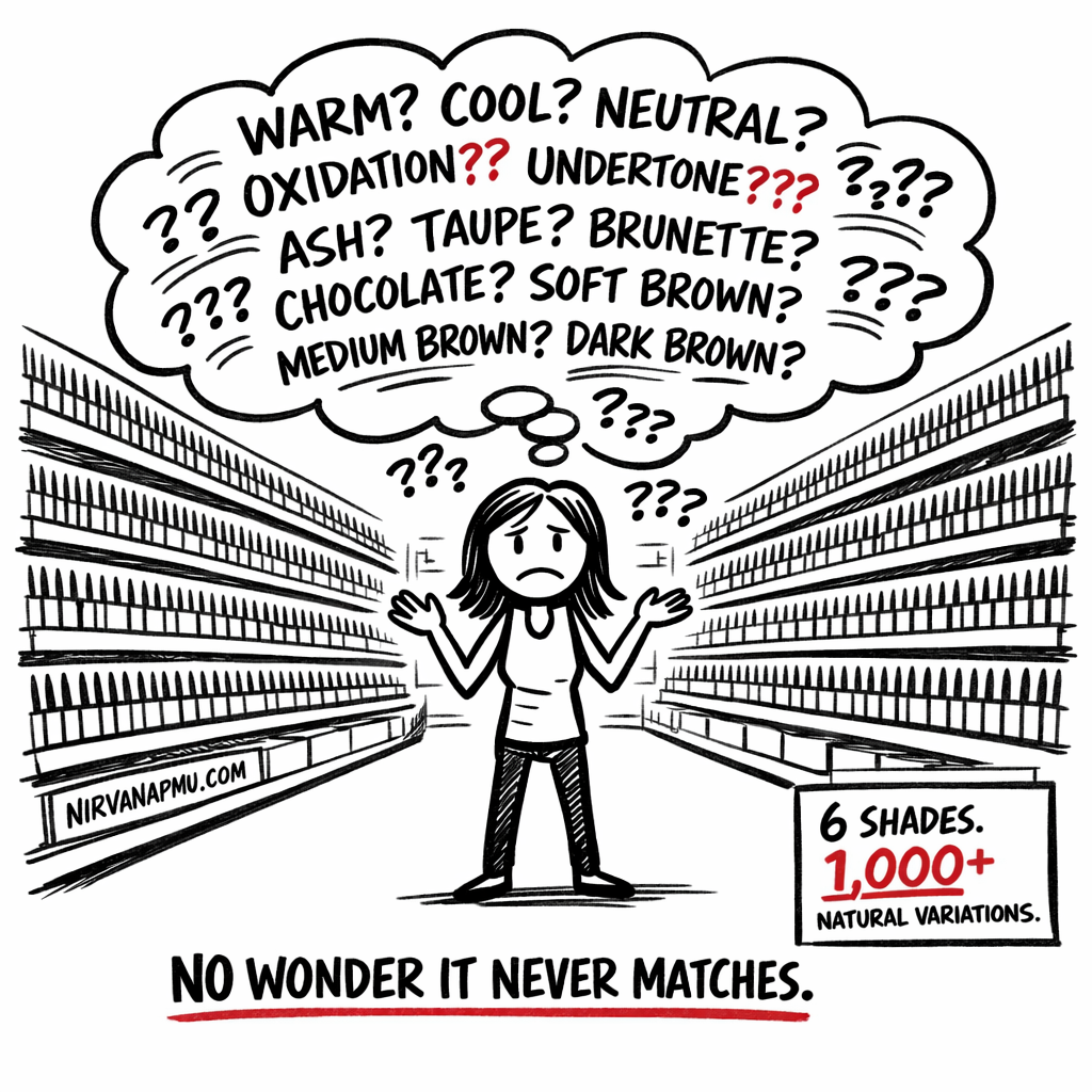 Woman standing overwhelmed in a drugstore brow pencil aisle with endless identical options, thought bubble spiraling with warm cool neutral oxidation undertone questions, and a label reading 6 shades for 1000+ natural variations
