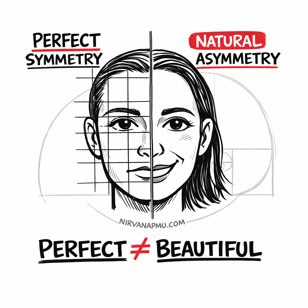 Split face showing mathematically perfect symmetry on the left looking robotic and uncanny versus natural human asymmetry on the right looking warm and beautiful, with text Perfect does not equal Beautiful
