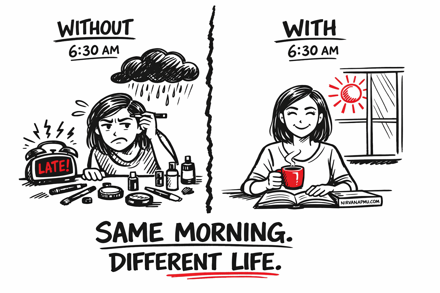 Split scene comparing a stressful 6:30 AM brow makeup routine on the left versus a relaxed morning with coffee and a book on the right