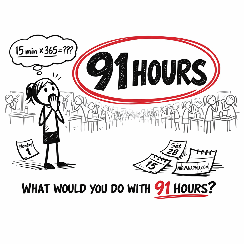 Woman staring in shock at a giant floating 91 HOURS number, realizing how much time she spends on brow makeup each year