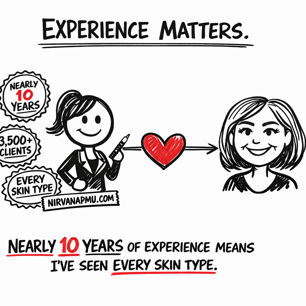 Sarah with experience badges showing nearly 10 years and 3500+ clients next to a happy woman over 50 with beautiful natural brows and text EXPERIENCE MATTERS