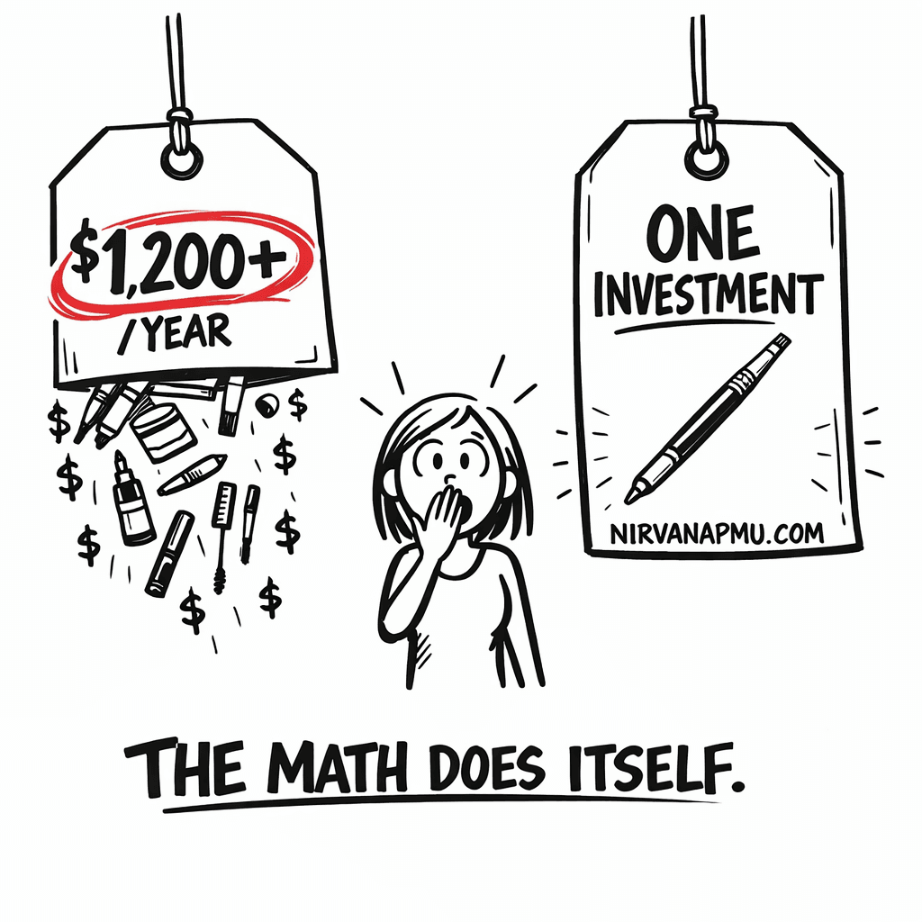 Woman staring in shock at two price tags: $1,200 per year on brow products versus one microblading investment