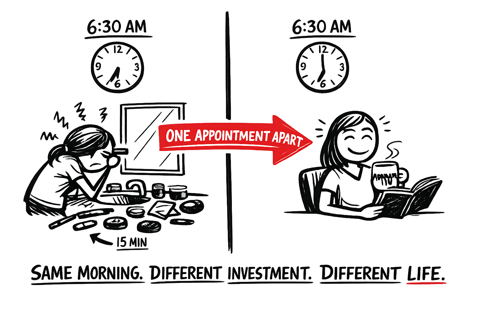 Split scene showing chaotic morning brow routine on left versus peaceful morning with perfect brows on right