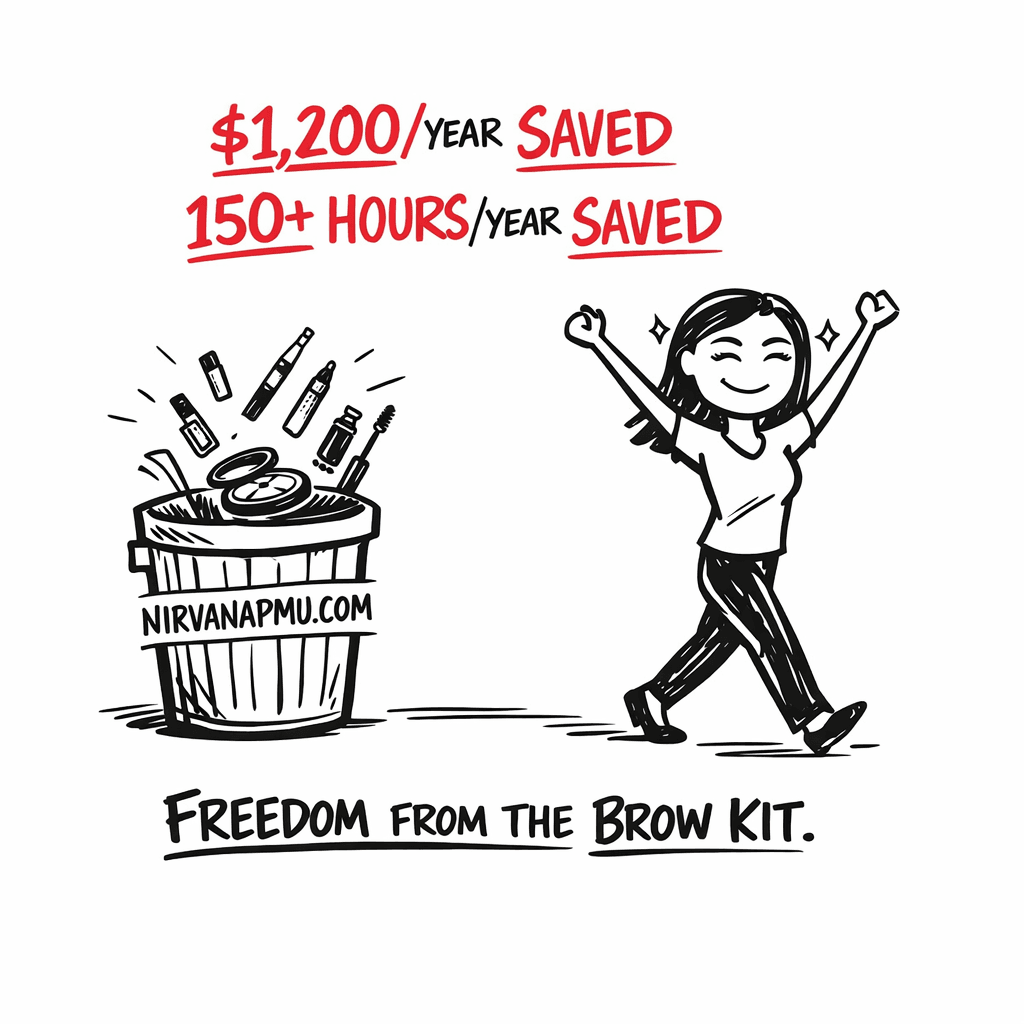 Woman confidently tossing her brow kit in the trash with savings amount floating overhead