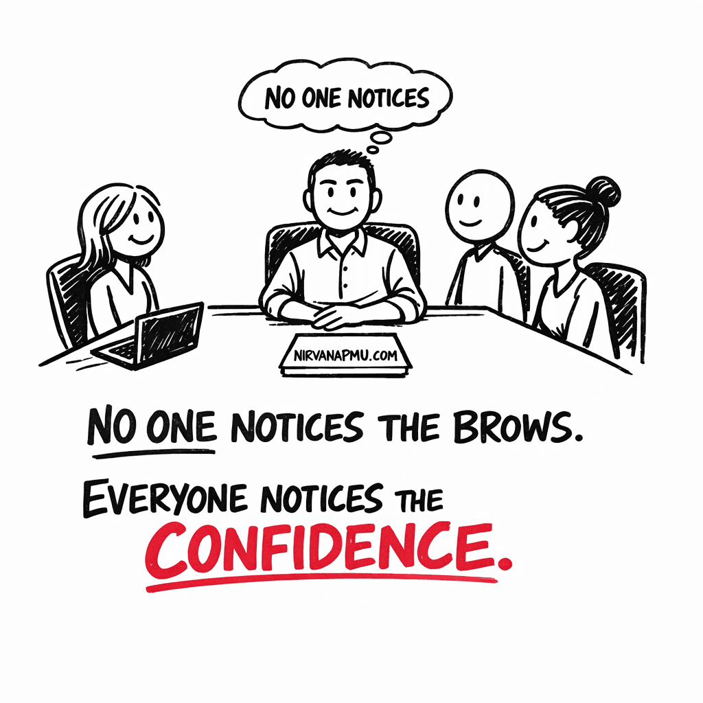 Man at a meeting looking confident and natural, with a subtle thought bubble saying NO ONE NOTICES and below it EVERYONE NOTICES THE CONFIDENCE