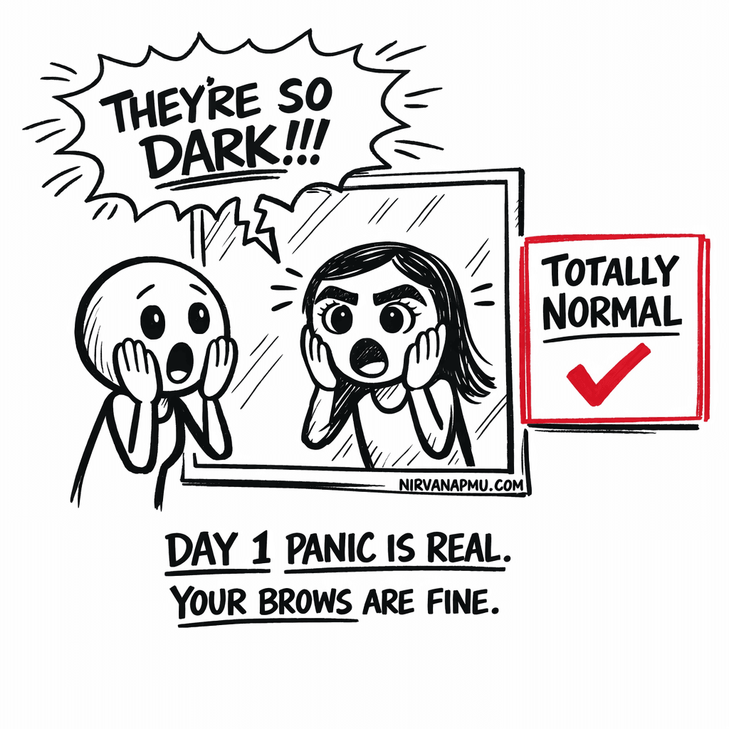 Woman looking in mirror seeing bold dark brows with a thought bubble saying THEY'RE SO DARK and a reassuring TOTALLY NORMAL sign