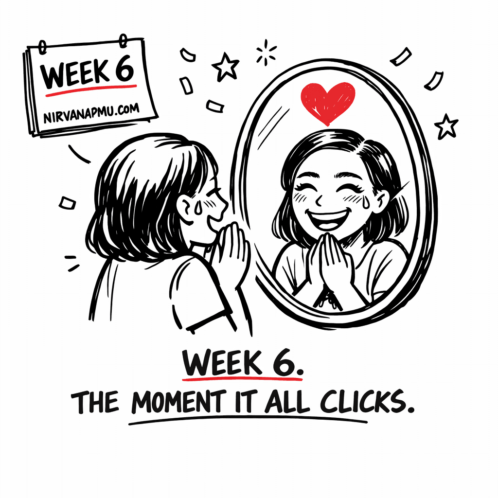 Woman seeing her perfect natural-looking healed brows in the mirror for the first time with pure joy on her face