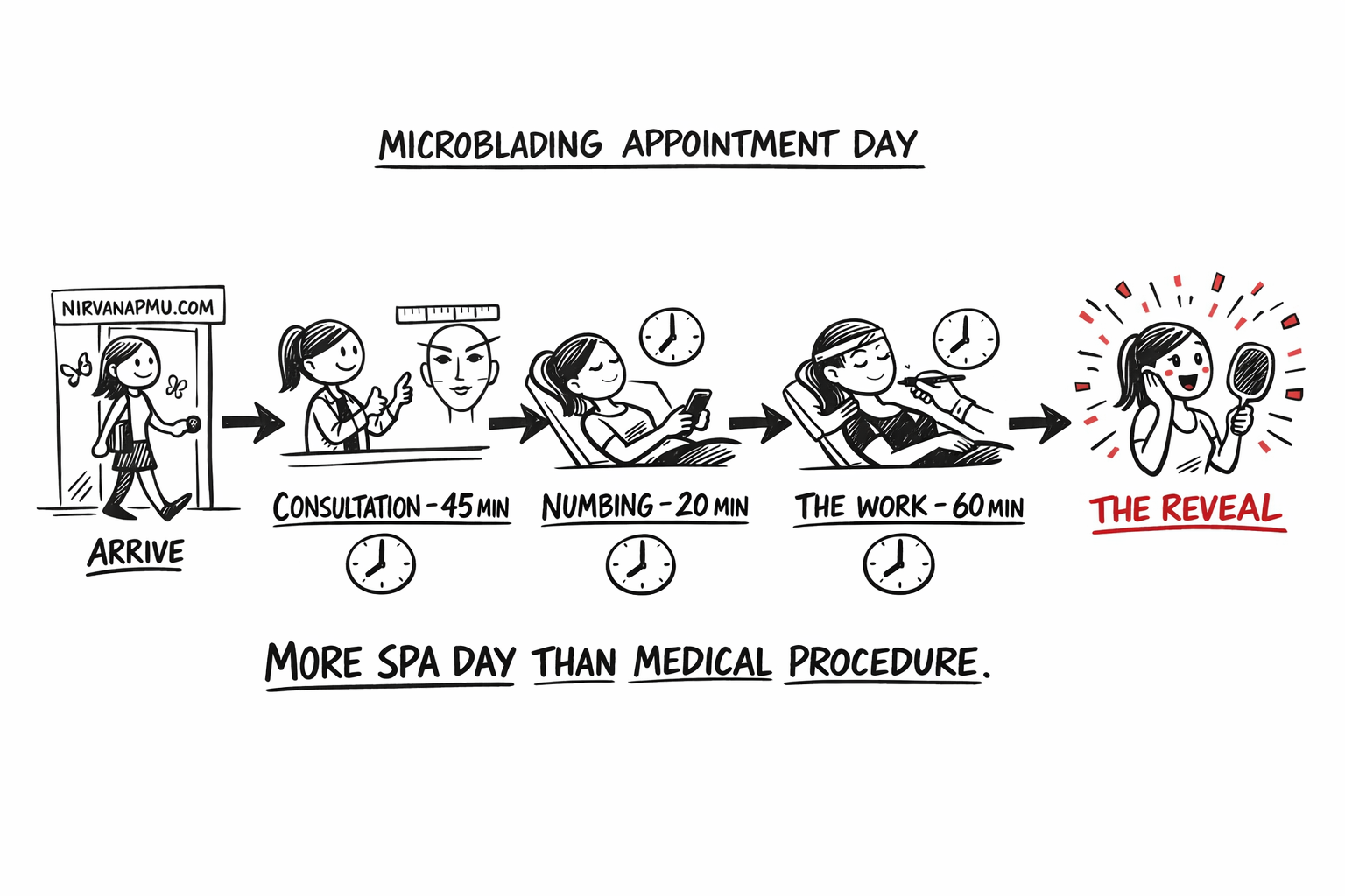 Horizontal timeline of the entire microblading appointment day showing arrival, 45 min consultation, 20 min numbing, 60 min work, and the amazing reveal moment at the end