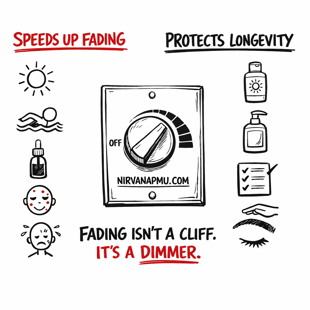 Two-column illustration showing factors that speed up microblading fading versus factors that protect longevity, with a dimmer switch in the center
