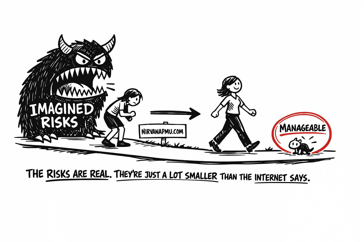 Giant scary IMAGINED RISKS monster on the left shrinking down to a tiny manageable ACTUAL RISKS creature on the right as a woman walks the path between them