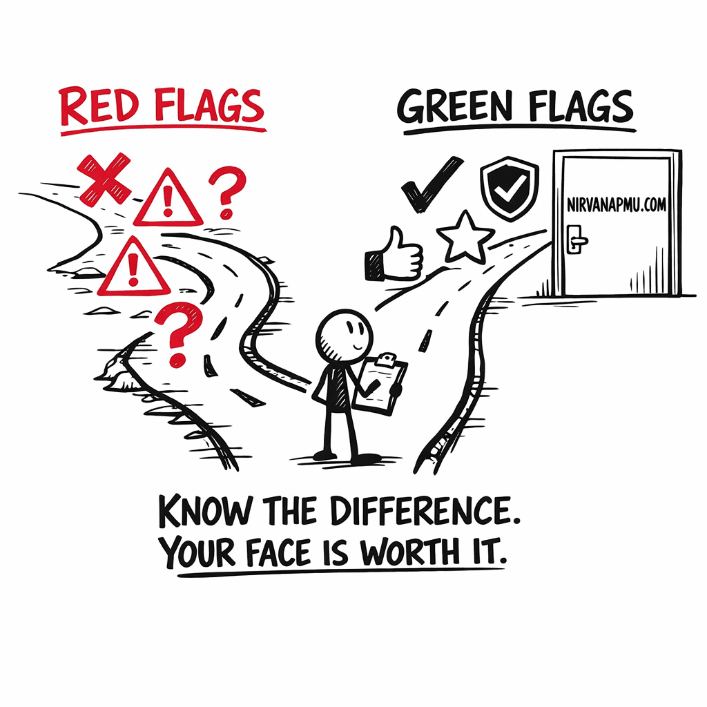 Two paths diverging: RED FLAGS path showing dark dirty tools and no license versus GREEN FLAGS path showing clean studio, certifications, and happy clients
