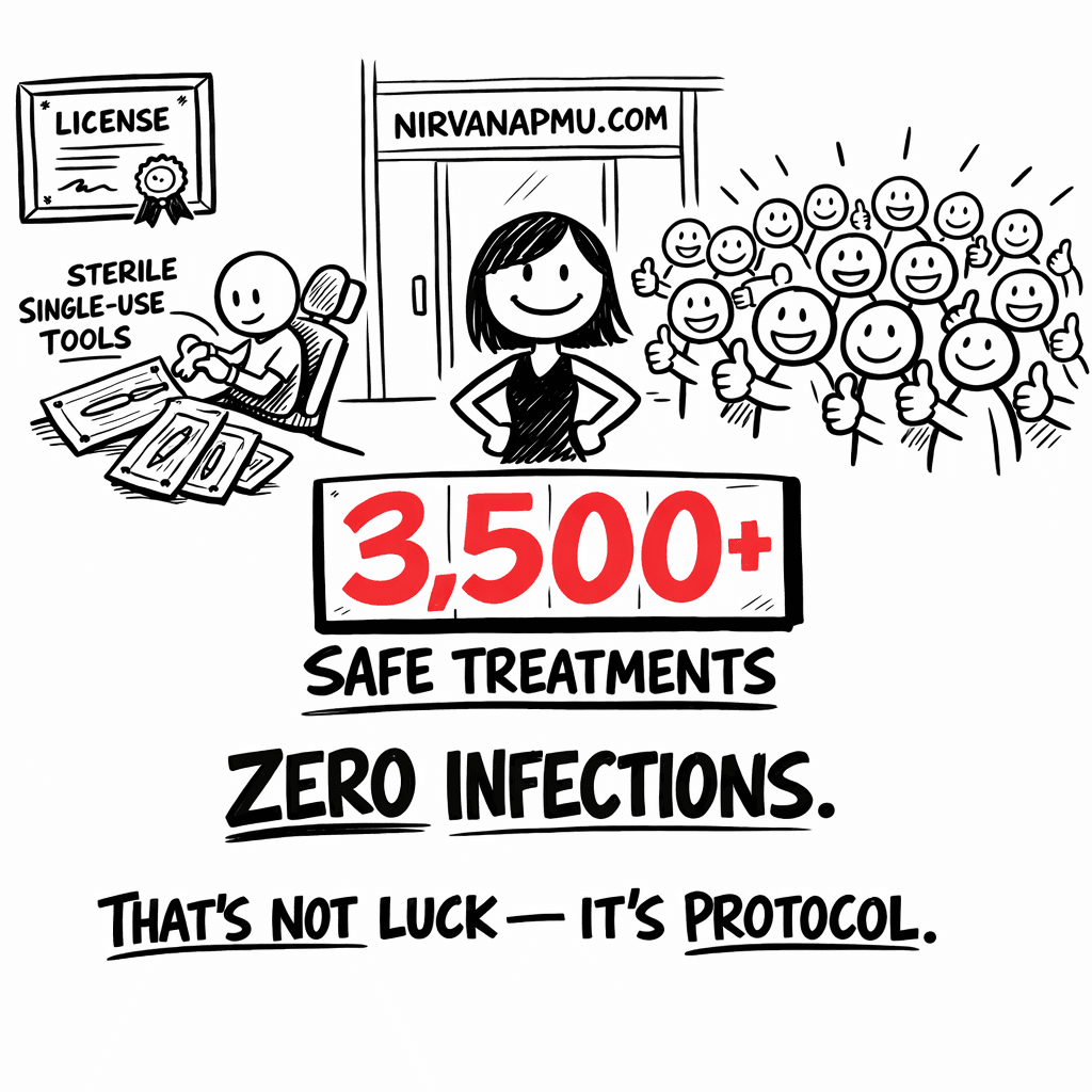 Sarah figure surrounded by sterilization equipment, licensing badge, and 3500+ SAFE TREATMENTS text with a crowd of happy clients behind her