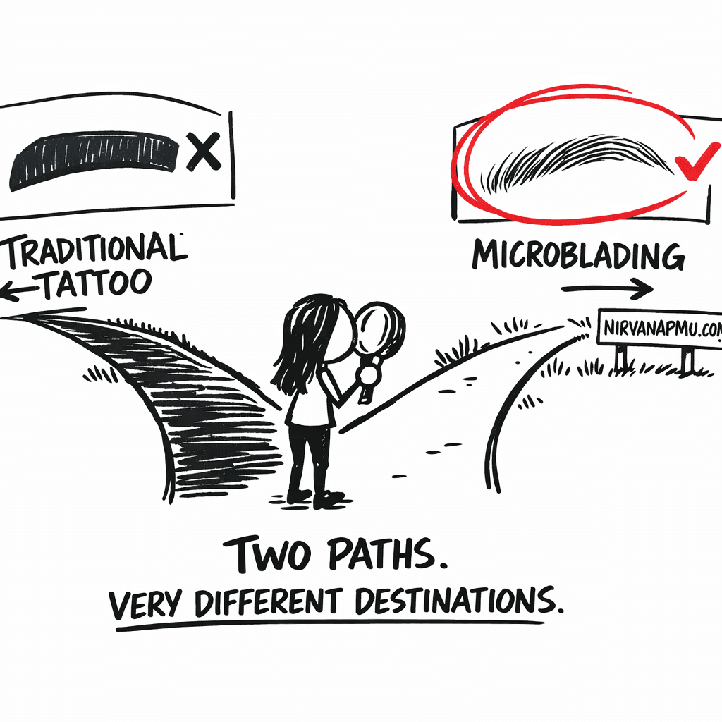Woman at a fork in the road with one path showing bold blocky tattooed brows and the other showing fine natural microbladed hair strokes