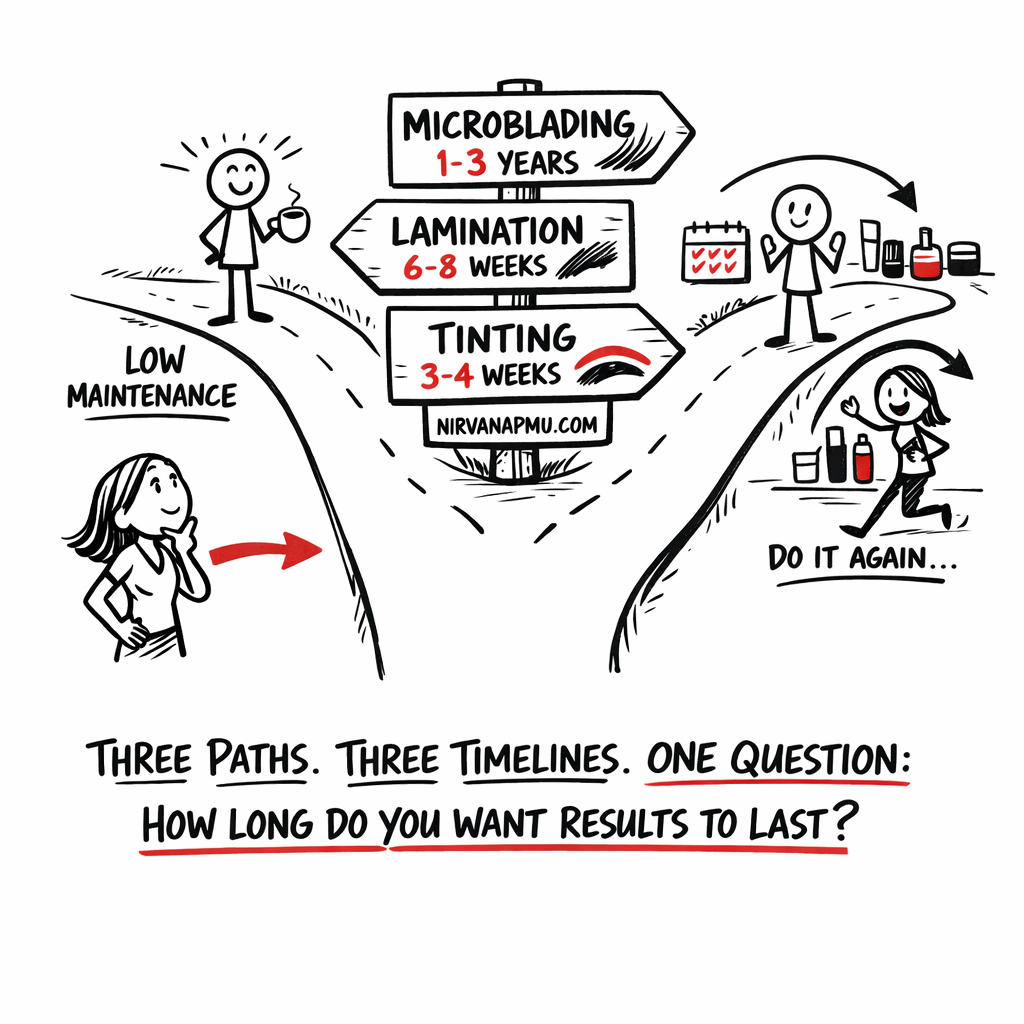 Woman at a fork in the road choosing between three paths labeled Microblading 1-3 years, Lamination 6-8 weeks, and Tinting 3-4 weeks with different destinations