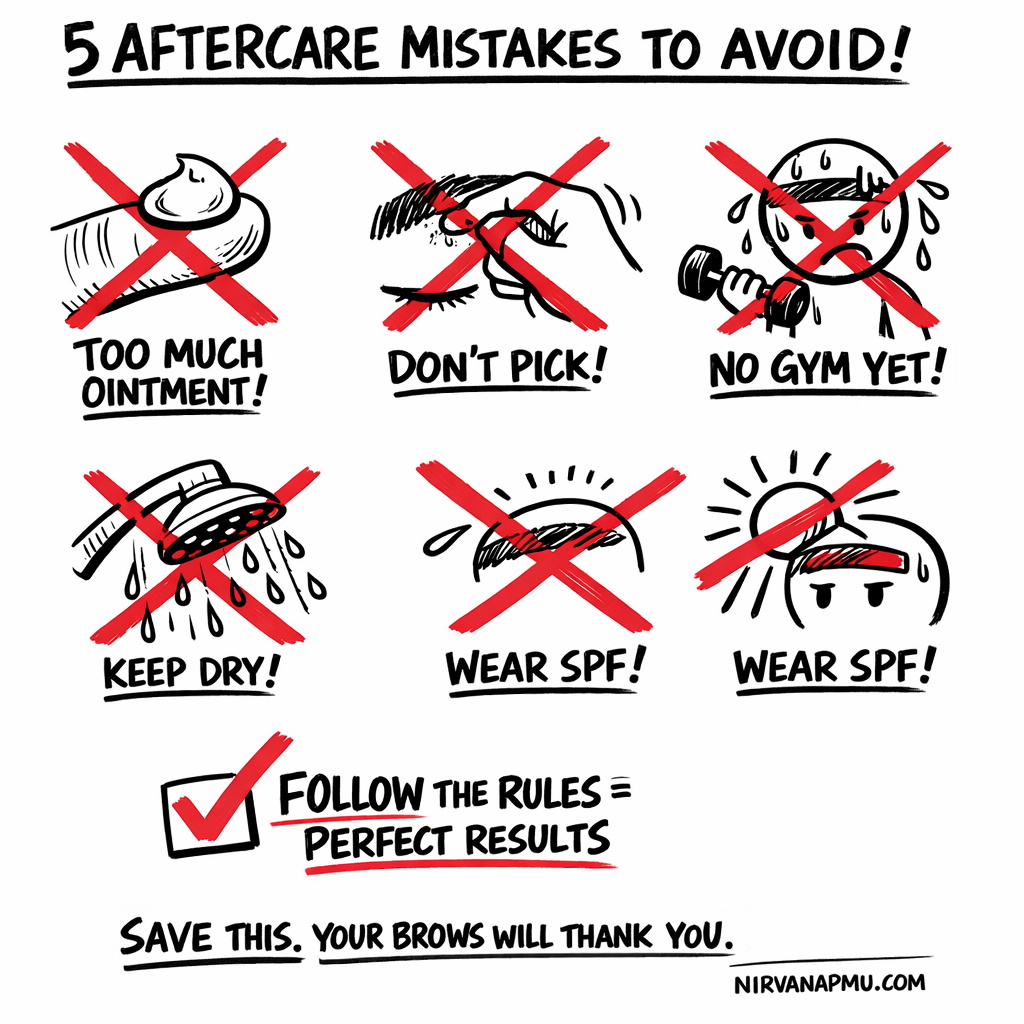 Visual reference card showing 5 common aftercare mistakes with red X marks - too much ointment, picking flakes, gym too soon, getting brows wet, skipping sunscreen