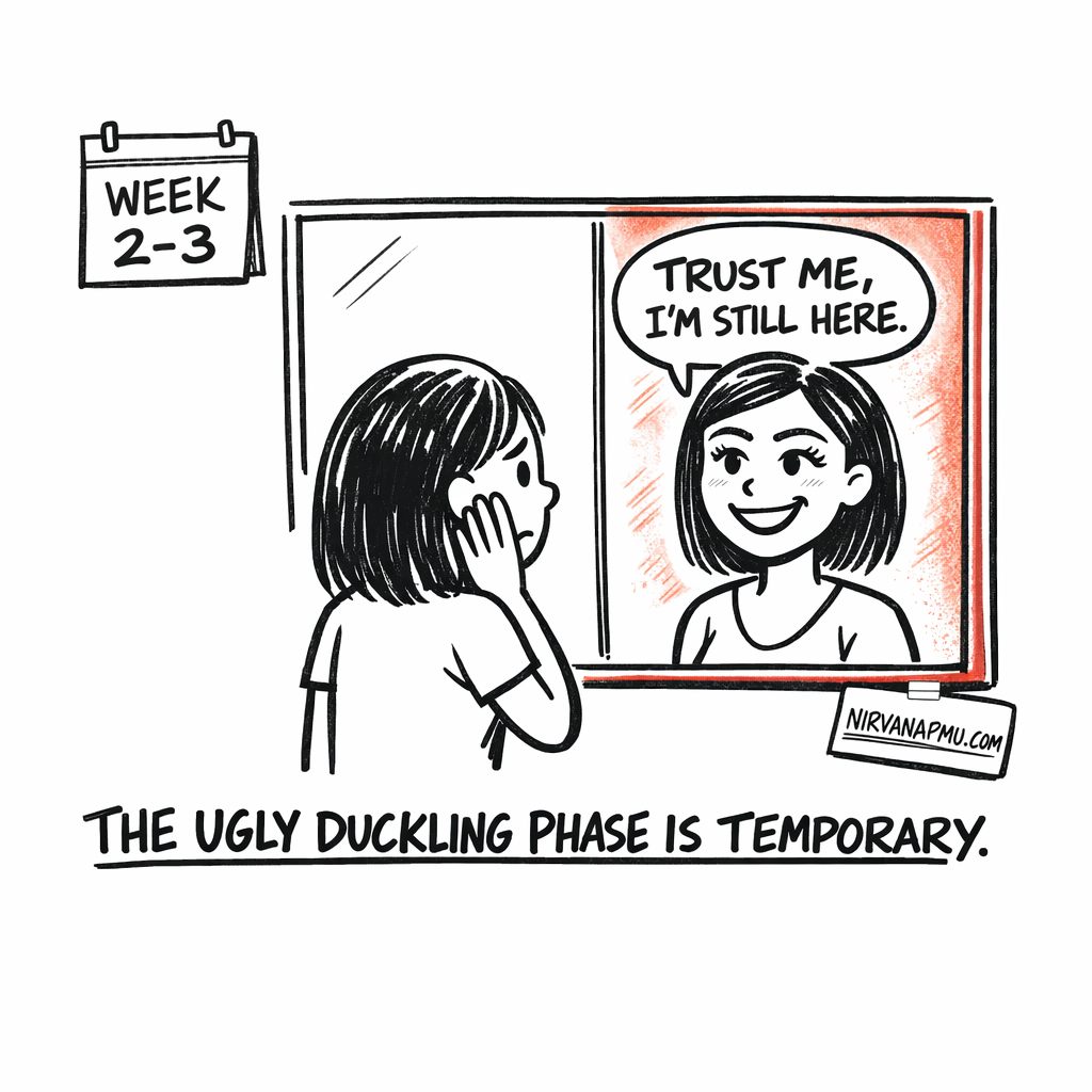 Woman looking panicked in the mirror during the ghosting phase while her reflection smiles back confidently saying trust me I'm still here