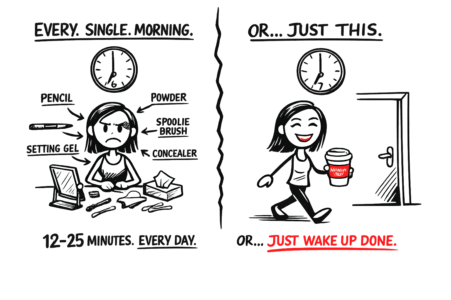 Split scene comparing a stressful morning with 5 brow products and one brow done at 6:30 AM versus zero products, coffee in hand, both brows perfect at 7:00 AM
