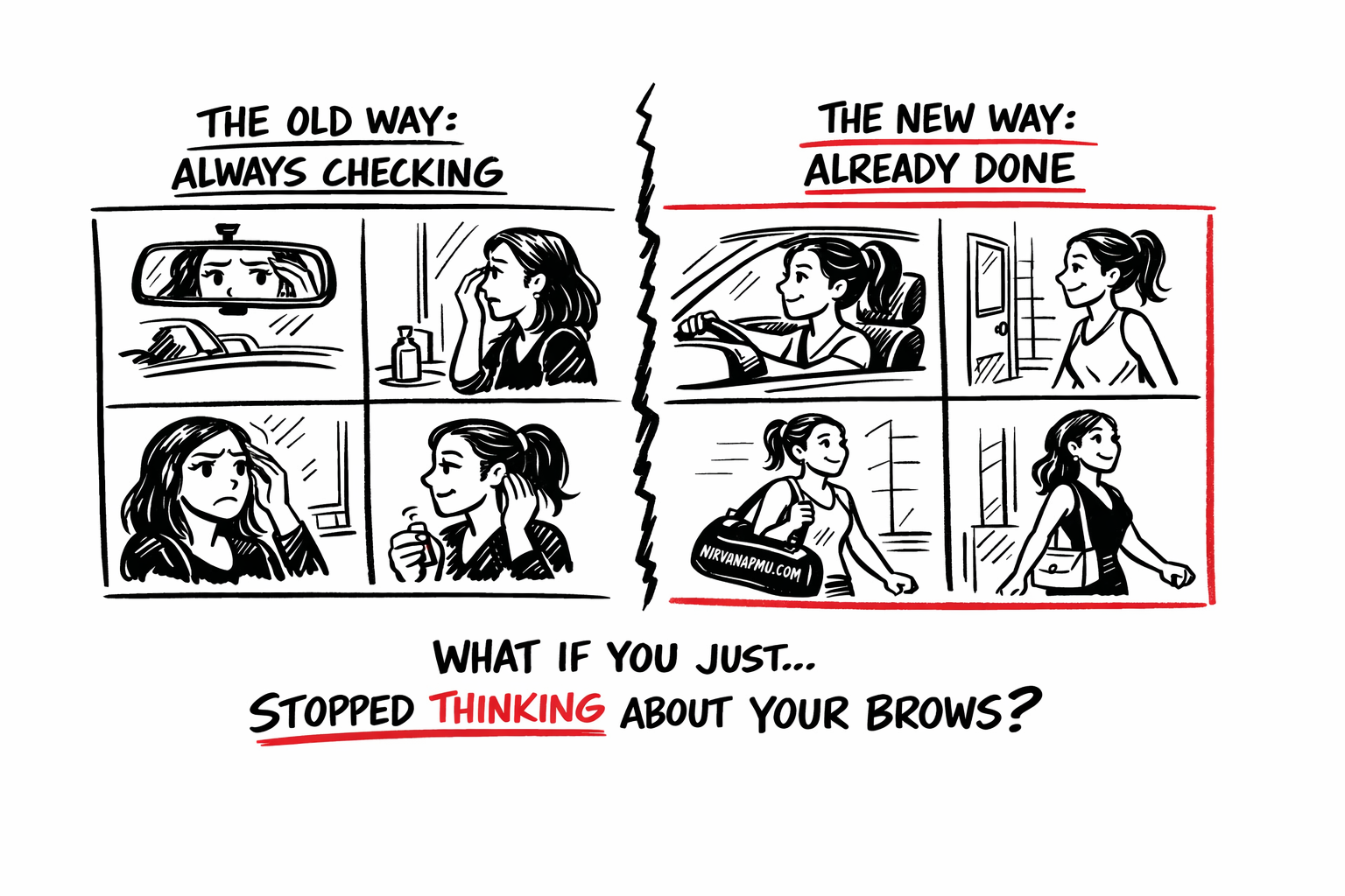 Split scene comparing the old way of constantly checking brows in mirrors at the car, office, gym and before dates versus the new way of striding through all scenarios confidently without a second thought